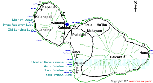 MAP OF LUAUS ON MAUI:  Aston Wailea Luau, Grand Wailea Luau, Marriott Luau, Maui Tropical Plantation BBQ, Old Lahaina Luau, Stouffer Renaissance Luau