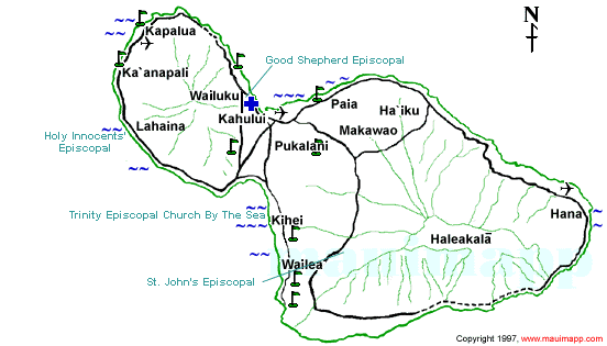 Map of Maui Episcopal Churches: Good Shepherd Episcopal Church, Holy Innocents Episcopal Church, St. John's Episcopal Church, Trinity Episcopal Church by the Sea