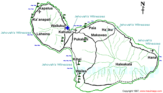 Map of Maui Jehovah's Witness Worships:  Haiku, Hana, Kahului, Kihei, Lahaina, Makawao, Wailea, Wailuku
