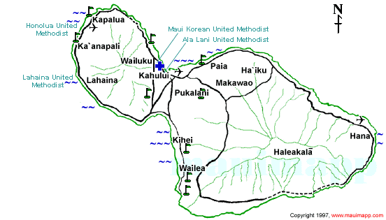 Map of United Methodist Churches on Maui: Ala Lani United Methodist Church, Honolua United Methodist Church, Lahaina United Methodist Church, Maui Korean United Methodist Church