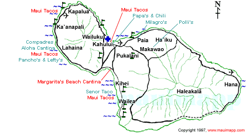 MAP OF MEXICAN RESTAURANTS ON MAUI: Aloha Cantina, Compadres, Margarita's Beach Cantina, Maui Tacos, Milagro's, Papa's & Chili, Senor Taco, Pancho's & Lefty's, Polli's